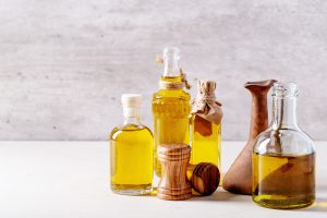Olive oil in glass bottles